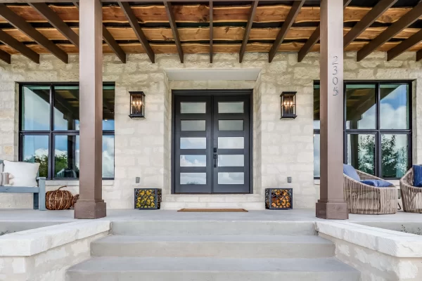 black door with custom glass inserts, front of home
