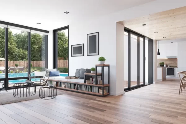 modern home clean with folding black patio slider doors