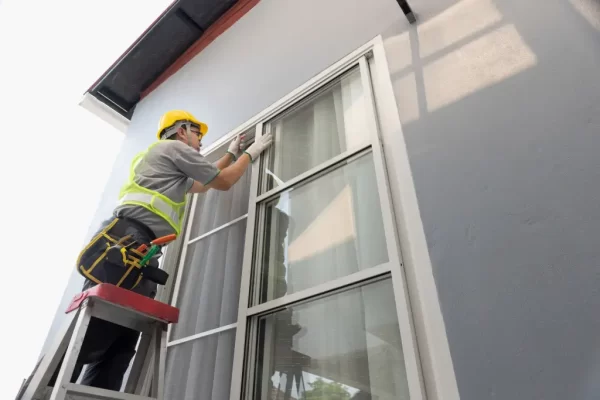 window maintenance being performed by worker with hard hat and safety gear