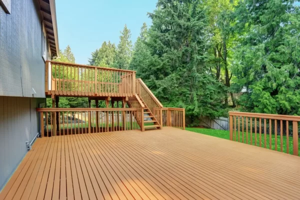 two story wood deck off home in backyard, custom built deck